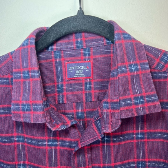 UNTUCKit Men's Barry Flannel Long Sleeve Plaid Button Front Shirt Maroon Blue XL - Picture 6 of 11
